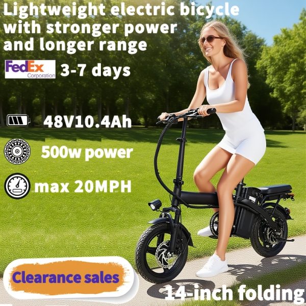 14 Inch Foldable Adult Electric Bicycle, Clearance Dealership, 500w Motor, Maximum Speed Of 20 MPH, 48V 10.4Ah Lithium Battery, 14 Inch Tires, Portable Folding Design, Outdoor Cycling Exercise, Urban Commuting Travel, Detachable Lithium Battery - Image 4