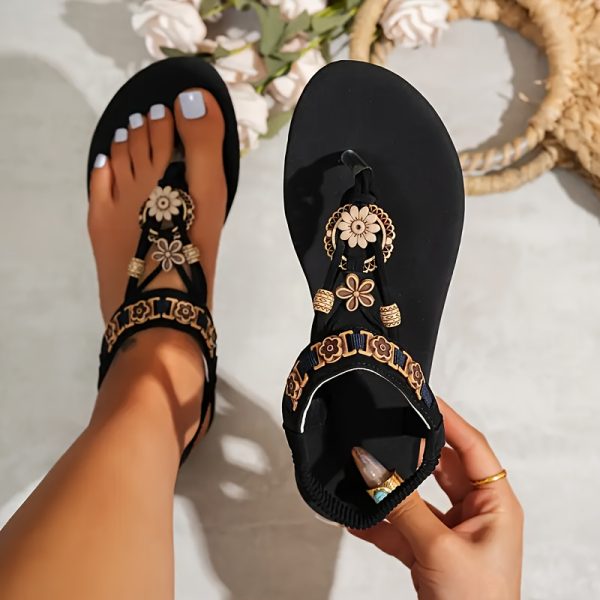 [Bohemian Sandals] Bohemian Beaded Flat Sandals for Women | Elastic Ankle Strap, Floral Decorative Details, Durable Rubber Sole, Perfect for Holidays, Shopping, Parties, Casual Beachwear - Image 3