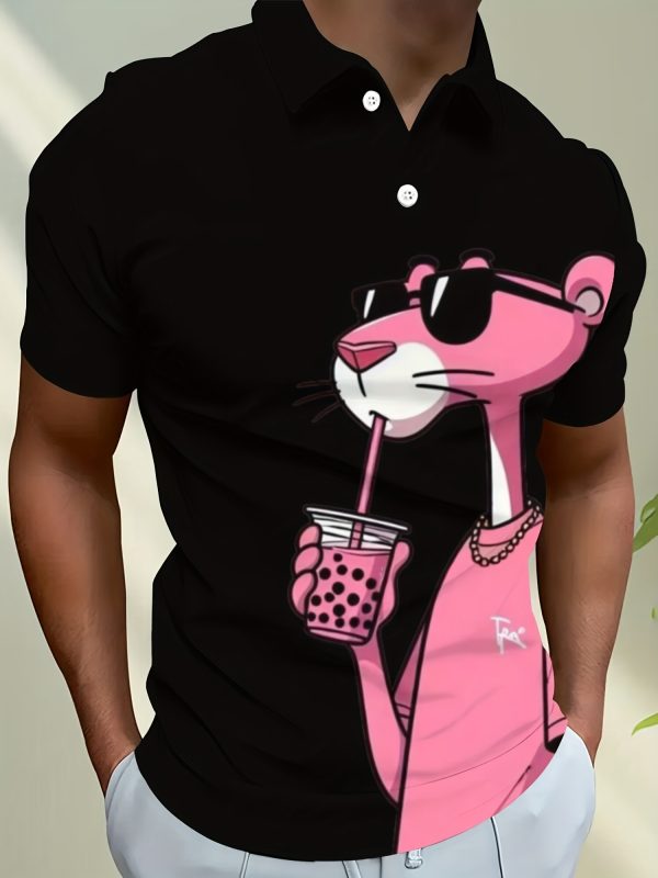 Men's Casual Short Sleeve Shirt - 3D Pink Panther Print, Breathable Summer Streetwear, Button- Collar, Machine Washable, Comfortable Fashion, Playful Design, Smooth Texture - Image 6