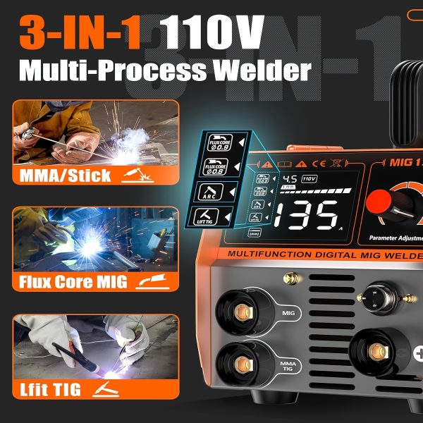 FEIFANKE MIG135 Heavy-Duty Commercial/Industrial Welding Machine - 110V/220V Dual Voltage, 120A DC Welder with Gasless MIG, Lift TIG, MMA/ARC, Flux Core - Compact Welder for Carbon & Stainless Steel, Workshop, Construction, Farm, DIY - with Electrical Holder & Wiring Harnesses, Metal Fabrication, Portable Design, Durable Build, Industrial Workers - Image 4