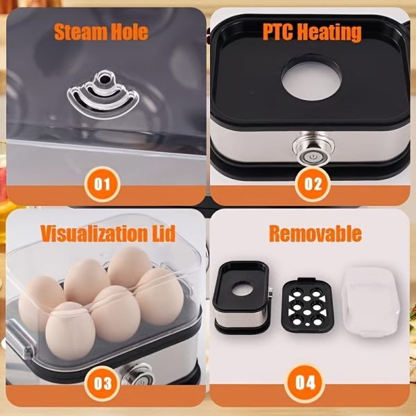 Premium Electric Quick Egg Cooker, 6 Eggs Cooked, 7-in-1 Function with Tray Lid for Soft Boiling/Medium Boiling/Egg Frying/Baking Vegetables And Steaming, Stainless Steel - Image 5