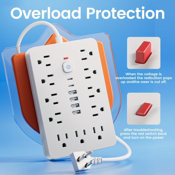 Power Strip Surge Protector With Usb Ports Extension Cord With Multiple Outlets Usb Wall Plug, Multi Plug Outlet Extension Cord With Usb Ports Power Outlet Extension Long Extension Cord With Multiple Outlets, Plug Adapter Desk Power Extension Cord Connector Multiple Outlet Expander Extension Board.17-in-1 Flat Plug Power Strip 11 Spacious AC Outlets With 6 USB Ports (including 2 Type-C) With Overload Protection - Image 10