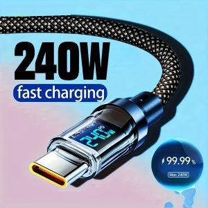 [Fast Charging Cable] PD240W 5A USB C Type-C Super Fast Charging Cable with LED Real-Time Display, Nylon Braided Data Cord for iPhone 16/15, Samsung, Xiaomi Redmi, OnePlus OPPO