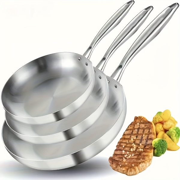 3pcs Stainless Steel Frying Pan Set, 8.66/9.44/10.23 Inch Multifunctional Skillets and Omelette Pans, Food Grade and Induction Compatible, Professional Kitchen Utensils for Gas Stoves, Induction Cookers, Essential Home Kitchen Supplies for Chefs