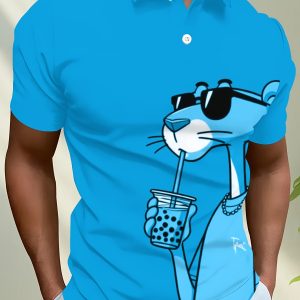 Men's Casual Short Sleeve Shirt - 3D Pink Panther Print, Breathable Summer Streetwear, Button- Collar, Machine Washable, Comfortable Fashion, Playful Design, Smooth Texture