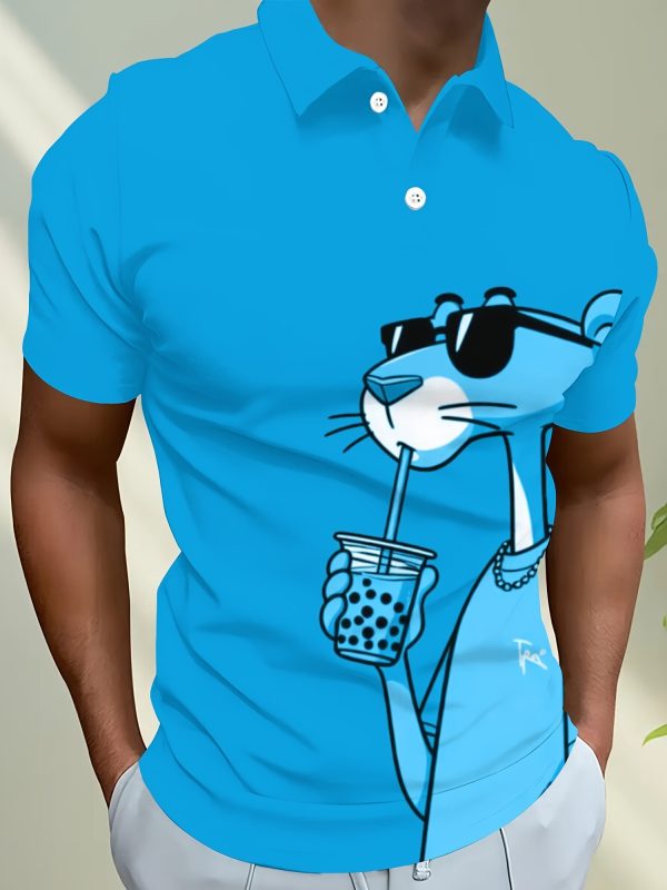 Men's Casual Short Sleeve Shirt - 3D Pink Panther Print, Breathable Summer Streetwear, Button- Collar, Machine Washable, Comfortable Fashion, Playful Design, Smooth Texture