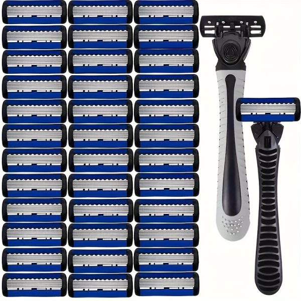 Men's 6-Layer Manual Razor Set with Non-Slip Metal Handle, Multiple Replacement Blades - Ideal for Beard and Mustache Trimming, Men's Grooming Kit|Sleek Razor Design|Durable Shaver Set, Beard Grooming Kit