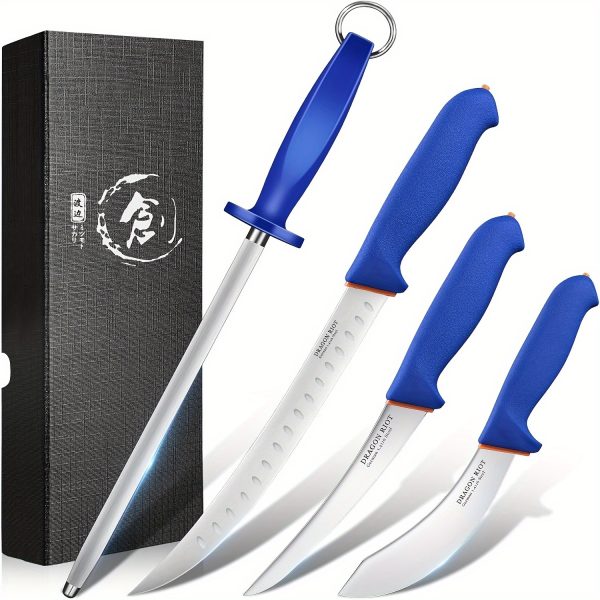4pcs Butcher Knife Set Brisket Trimming Set Include 6" Cutting Knife, 6" Skinning Knife, 10" Butcher Breaking Knife And 10" Sharpening Steel