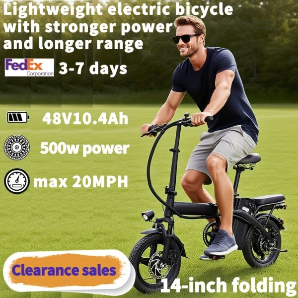 14-Inch Lightweight Folding Electric Bike, 500W Motor, 20 MPH, Long-Lasting Battery Life with Removable 48V 10.4AH Lithium Battery, Front Light & Disc Brake, Alloy Steel Frame, Black - Urban Commuter Style, Durable Design, Perfect Gift for Adults (Clearance Deal) - Image 2