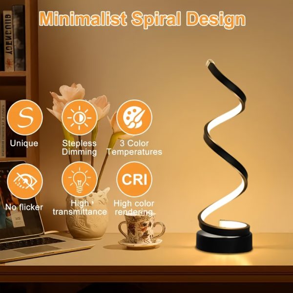 Bedside Table Lamp for Bedroom - 2/1 Pack Touch Lamp USB C Charging Ports, 3 Way Dimmable Modern Minimalist Dimmable Spiral Table Lamp for Living Room, Desk, LED Bulb Included (Black/White) - Image 9
