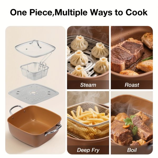 4pcs Fryer Set - Deep Square Pan, Fry Basket, Steamer Tray, saucepan lid- Dishwasher & Oven Safe, High Temperature Resistant Easy Clean Skillets, Restaurant Frying pan - Image 6