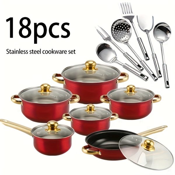 18pcs thick stainless steel cookware set, non stick cookware set, heat-resistant, frying pan, flat bottomed pan, stew pot, multifunctional, stylish, durable, suitable for induction cookers, outdoor anti stick cookware set - Image 2