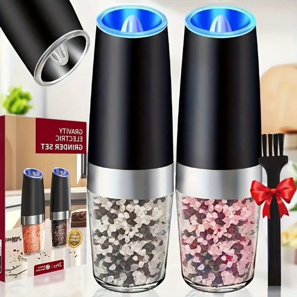 2pcs Gravity Electric Salt And Pepper Grinder Set, Battery Powered LED Light One Hand Automatic Operation, Adjustable Coarseness Mill Grinders Shakers Black, Kitchen Gadgets Gift Ideas, Best for Christmas - Image 4