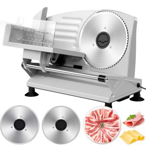 MULISOFT Electric Meat Slicer with 2 Removable Stainless Steel Blades, Adjustable Thickness, Child Safety Lock, Semi-Automatic Operation for Meat, Cheese, Bread - 120V US Plug, Durable Kitchen Tool for Home Use, Meat Slicer for Home Use, Food Preparation, Sleek Metallic Finish, Sturdy Construction