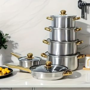 12pcs Stainless Steel Cookware Set, Pots and Pans Set with Stock Pot, Frying Pans, Saucepan and 6 Glass Lids, Induction, Gas and Electric Stovetop Compatible, Dishwasher Safe, Kitchen Items for Home Chefs, Cooking Enthusiasts and Families