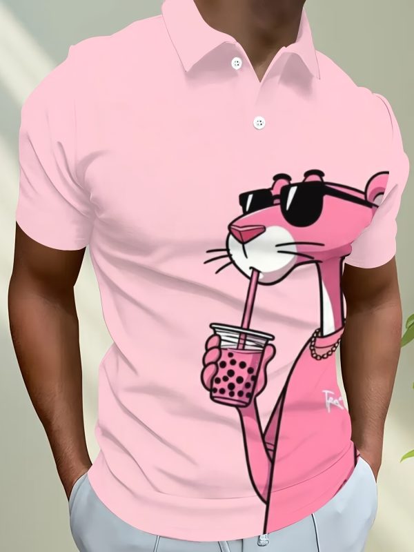 Men's Casual Short Sleeve Shirt - 3D Pink Panther Print, Breathable Summer Streetwear, Button- Collar, Machine Washable, Comfortable Fashion, Playful Design, Smooth Texture - Image 3