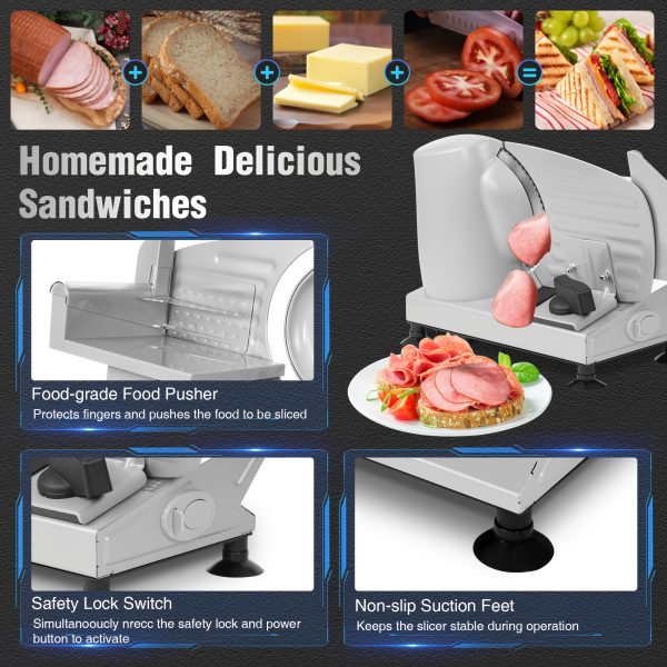 MULISOFT Electric Meat Slicer with 2 Removable Stainless Steel Blades, Adjustable Thickness, Child Safety Lock, Semi-Automatic Operation for Meat, Cheese, Bread - 120V US Plug, Durable Kitchen Tool for Home Use, Meat Slicer for Home Use, Food Preparation, Sleek Metallic Finish, Sturdy Construction - Image 8