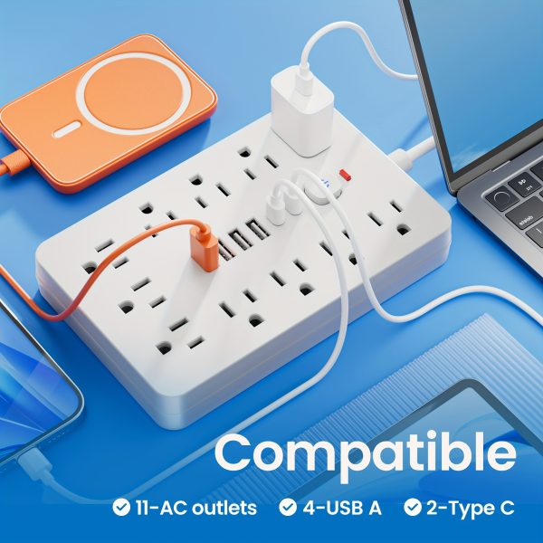 Power Strip Surge Protector With Usb Ports Extension Cord With Multiple Outlets Usb Wall Plug, Multi Plug Outlet Extension Cord With Usb Ports Power Outlet Extension Long Extension Cord With Multiple Outlets, Plug Adapter Desk Power Extension Cord Connector Multiple Outlet Expander Extension Board.17-in-1 Flat Plug Power Strip 11 Spacious AC Outlets With 6 USB Ports (including 2 Type-C) With Overload Protection - Image 9