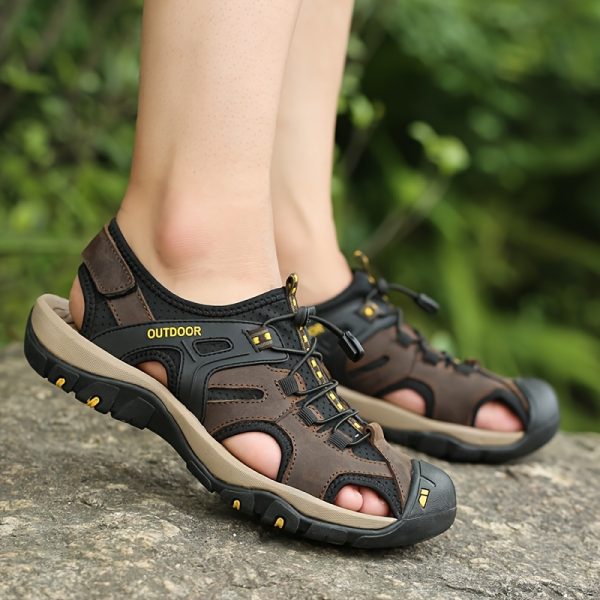 Men's Premium Genuine Leather Sandals - Closed Toe Fisherman Style, Black/Brown/Yellow, Summer Flip Flops & Hiking Shoes with Elastic Strap, Rubber Sole, And Comfortable Fabric Lining for Casual Outdoor Wear, Sandalias Keen Newport - Image 10