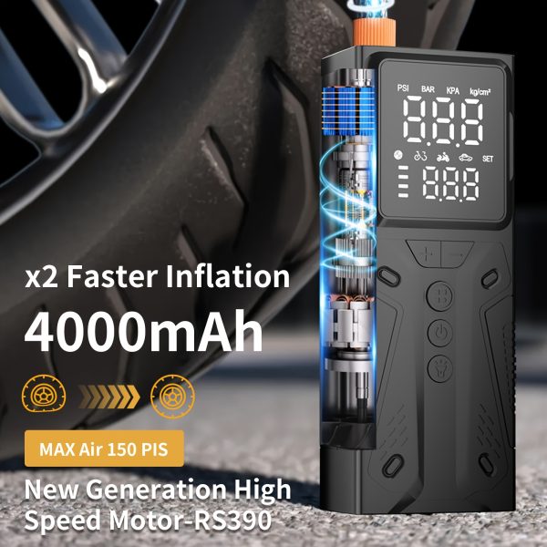 Portable Tire Inflator Air Compressor, 4000mAh, 150PSI, 4X Fast Inflation, Digital Pressure Gauge, LED Light, with USB Cable, Nozzle, Extension Tube, Carabiner, for Car, Motorcycle, Bike, Ball - Black - Image 3