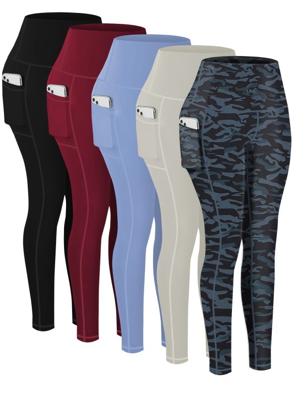 5-Pack Plus Size Sports Leggings For Women, High-Waisted Cropped Yoga Pants With Pockets, Fitness Running Compression Tights - Breathable & Moisture-Wicking Fabric - For Spring & Autumn - Ideal for Yoga, Running & Fitness - Perfect Gift for Active Women - Image 4