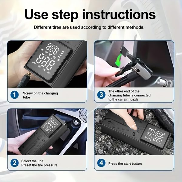 Portable Tire Inflator Air Compressor, 4000mAh, 150PSI, 4X Fast Inflation, Digital Pressure Gauge, LED Light, with USB Cable, Nozzle, Extension Tube, Carabiner, for Car, Motorcycle, Bike, Ball - Black - Image 4