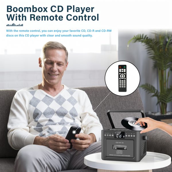 Boombox Cassette CD Player with 5000mAh Battery, 5W Dual Stereo Speakers, Rechargeable CD Player with FM Radio, Remote Control, Tape Recording, 3.5mm Earphone Jack, AUX/Micro SD/USB for Home - Image 4
