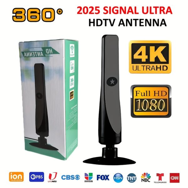 [4K HD TV Antenna] 500-Mile Range 2025 Portable HD Indoor TV Antenna | Supports 4K Ultra HD & Full HD 1080P, Smart TV Enhanced Signal Amplifier, Easy Installation, USB Powered