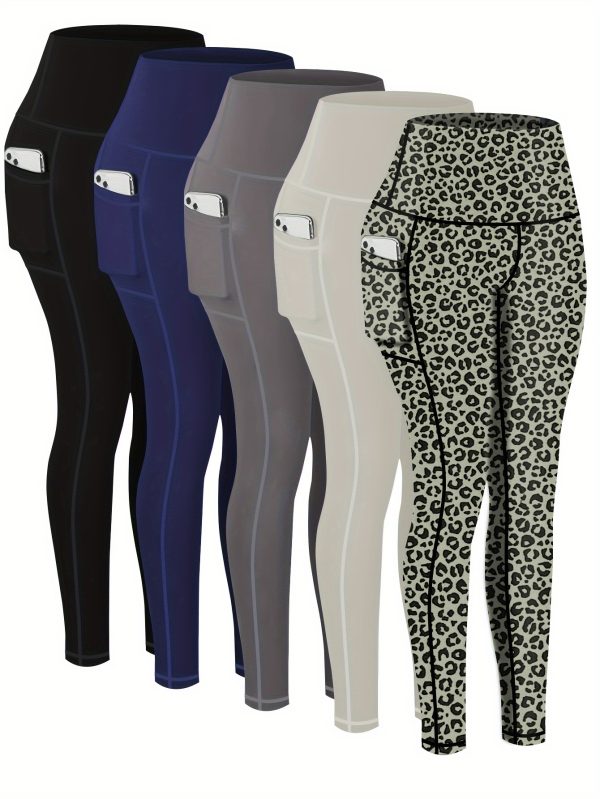 5-Pack Plus Size Sports Leggings For Women, High-Waisted Cropped Yoga Pants With Pockets, Fitness Running Compression Tights - Breathable & Moisture-Wicking Fabric - For Spring & Autumn - Ideal for Yoga, Running & Fitness - Perfect Gift for Active Women - Image 9