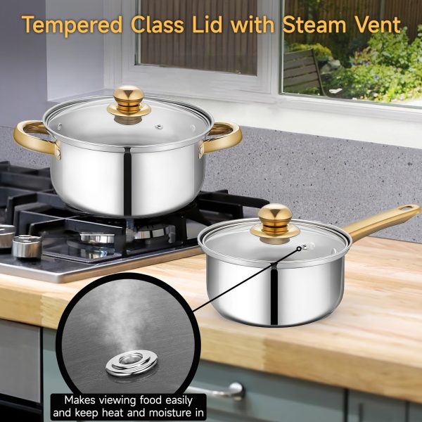 12pcs Stainless Steel Cookware Set, Pots and Pans Set with Stock Pot, Frying Pans, Saucepan and 6 Glass Lids, Induction, Gas and Electric Stovetop Compatible, Dishwasher Safe, Kitchen Items for Home Chefs, Cooking Enthusiasts and Families - Image 3