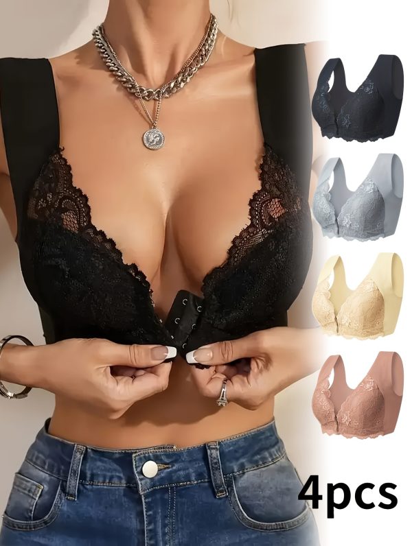 4-pack Wire-free Elegant Floral Lace Push-up Bra - Medium Support, Comfortable, Fashion Front Opening, Wide Straps And Jacquard Pattern - Image 2