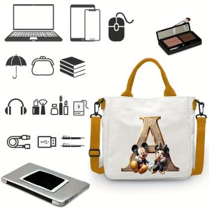 [DISNEY Crossbody Bag] DISNEY Large Capacity Crossbody Bag | White with Golden Lettering, Yellow Adjustable Strap, Durable Commuter & Travel Shoulder Bag for Women, Perfect Birthday Gift, Playful Design, Goldtoned Lettering, Mickey & Minnie Mouse