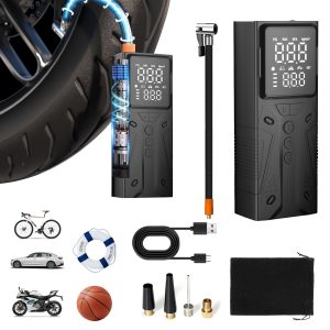 Portable Tire Inflator Air Compressor, 4000mAh, 150PSI, 4X Fast Inflation, Digital Pressure Gauge, LED Light, with USB Cable, Nozzle, Extension Tube, Carabiner, for Car, Motorcycle, Bike, Ball - Black