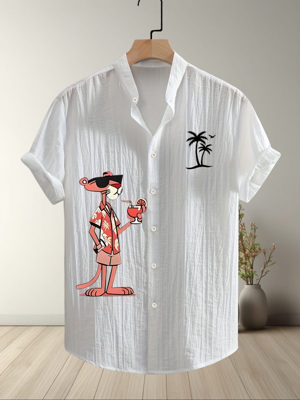 Men'S Summer Casual Beach Shirt - Lightweight Breathable Polyester-Spandex Blend Short Sleeve Top with Orange Cartoon Leopard Pattern and Tropical Drink Print, Stand Collar Design, Machine Washable, Perfect for Pool Parties and Beach Vacations - Image 2