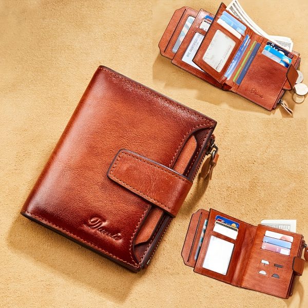 [RFID Anti-theft Wallet] RFID Anti-theft Vintage Men's Top Layer Cowhide Wallet - Large Capacity 18 Card Slots Zipper Wallet Can Hold Coins Mobile Card Holder Can Hold Driver's License, 2 Large Banknote Slots - Image 3
