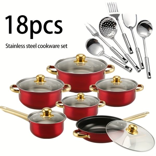 18pcs thick stainless steel cookware set, non stick cookware set, heat-resistant, frying pan, flat bottomed pan, stew pot, multifunctional, stylish, durable, suitable for induction cookers, outdoor anti stick cookware set - Image 8