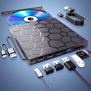 8in 1 External DVD Drive, Amicool USB 3.0 Type-C CD DVD +/-RW Optical Drive USB C Burner Slim CD/DVD ROM Rewriter Writer Reader Portable for PC Laptop Desktop for MacBook for Mac 7/8.1/10 Linux OS for Apple