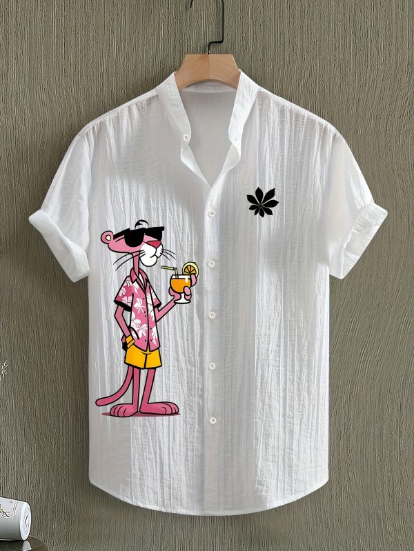 Men'S Summer Casual Beach Shirt - Lightweight Breathable Polyester-Spandex Blend Short Sleeve Top with Orange Cartoon Leopard Pattern and Tropical Drink Print, Stand Collar Design, Machine Washable, Perfect for Pool Parties and Beach Vacations - Image 4