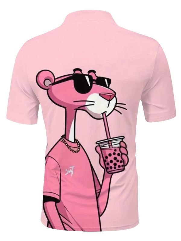 Men's Casual Short Sleeve Shirt - 3D Pink Panther Print, Breathable Summer Streetwear, Button- Collar, Machine Washable, Comfortable Fashion, Playful Design, Smooth Texture - Image 8