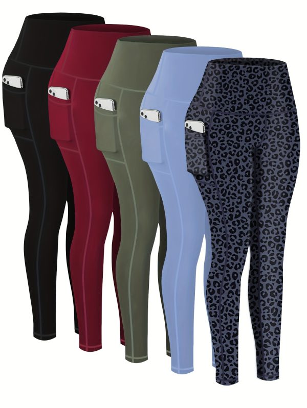 5-Pack Plus Size Sports Leggings For Women, High-Waisted Cropped Yoga Pants With Pockets, Fitness Running Compression Tights - Breathable & Moisture-Wicking Fabric - For Spring & Autumn - Ideal for Yoga, Running & Fitness - Perfect Gift for Active Women - Image 7