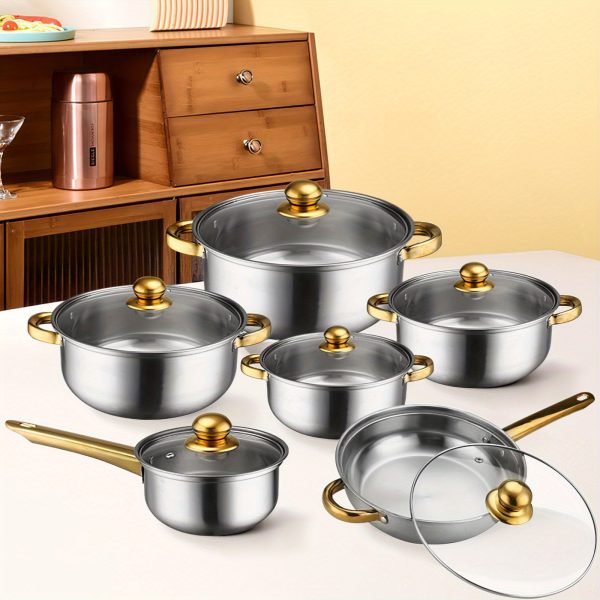 12pcs Stainless Steel Cookware Set, Pots and Pans Set with Stock Pot, Frying Pans, Saucepan and 6 Glass Lids, Induction, Gas and Electric Stovetop Compatible, Dishwasher Safe, Kitchen Items for Home Chefs, Cooking Enthusiasts and Families - Image 4