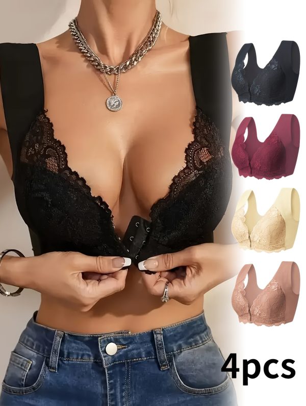 4-pack Wire-free Elegant Floral Lace Push-up Bra - Medium Support, Comfortable, Fashion Front Opening, Wide Straps And Jacquard Pattern
