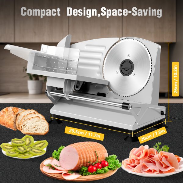 MULISOFT Electric Meat Slicer with 2 Removable Stainless Steel Blades, Adjustable Thickness, Child Safety Lock, Semi-Automatic Operation for Meat, Cheese, Bread - 120V US Plug, Durable Kitchen Tool for Home Use, Meat Slicer for Home Use, Food Preparation, Sleek Metallic Finish, Sturdy Construction - Image 3