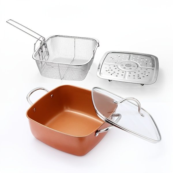 4pcs Fryer Set - Deep Square Pan, Fry Basket, Steamer Tray, saucepan lid- Dishwasher & Oven Safe, High Temperature Resistant Easy Clean Skillets, Restaurant Frying pan