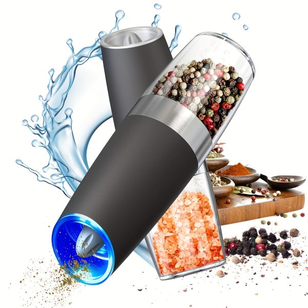 2pcs Gravity Electric Salt And Pepper Grinder Set, Battery Powered LED Light One Hand Automatic Operation, Adjustable Coarseness Mill Grinders Shakers Black, Kitchen Gadgets Gift Ideas, Best for Christmas - Image 2