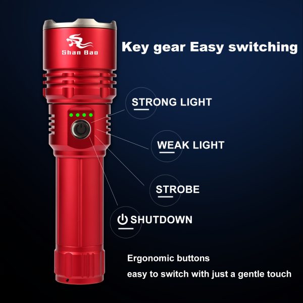 Shan Bao Red LED Flashlight - Zoomable, Rechargeable, 5000mAh Battery, High-Power Light Source for Outdoor Use, Ignites Fire, Includes USB Cable & Gift Box, Flashlight Rechargeable - Image 5
