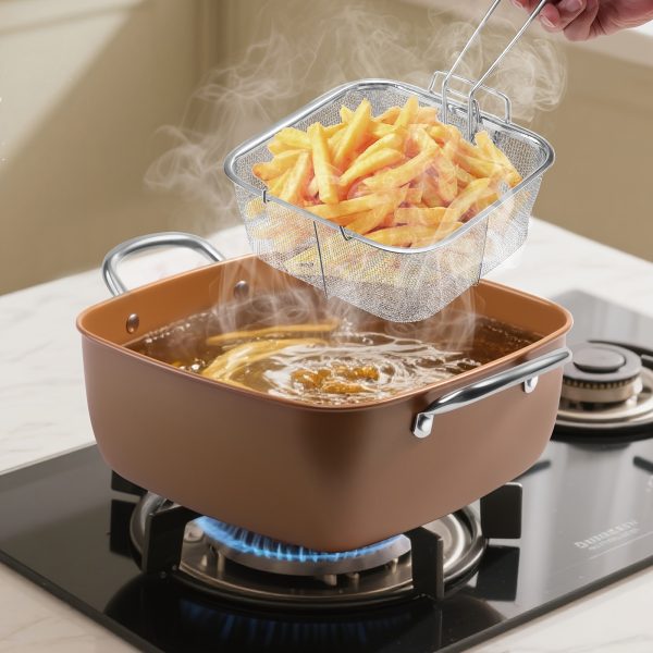 4pcs Fryer Set - Deep Square Pan, Fry Basket, Steamer Tray, saucepan lid- Dishwasher & Oven Safe, High Temperature Resistant Easy Clean Skillets, Restaurant Frying pan - Image 4