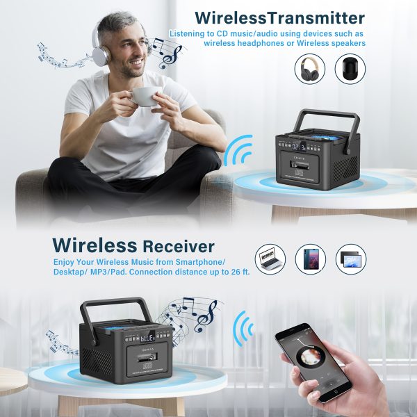 Boombox Cassette CD Player with 5000mAh Battery, 5W Dual Stereo Speakers, Rechargeable CD Player with FM Radio, Remote Control, Tape Recording, 3.5mm Earphone Jack, AUX/Micro SD/USB for Home - Image 7