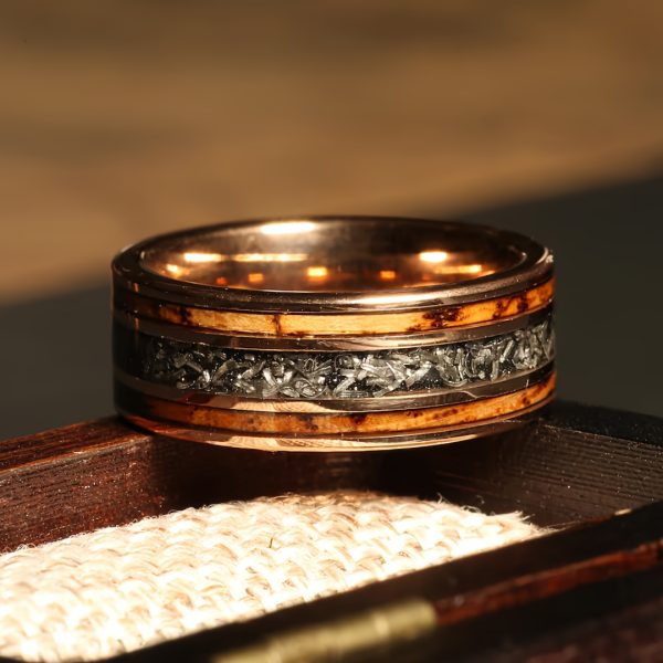 8MM Men'S Ring With Meteorite And Burnt Whisky Barrel, Meteorite Ring, Tungsten Men'S Ring Rose Golden, Whisky Barrel Wedding Ring - Image 3