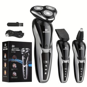 SKYUV Men's 3-in-1 Electric Razor - USB Rechargeable, Portable Shaver with Nose Hair Trimmer & Digital Display, Stainless Steel Blades for Smooth Shaving, Ergonomic Design, Fast Charging, Long-Lasting Battery, Easy to Clean